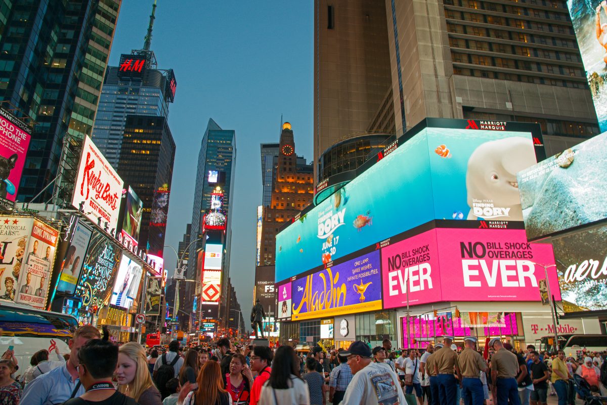 Times Square in more crowded pre-pandemic times, circa 2016. (Credit: Wikimedia Commons)