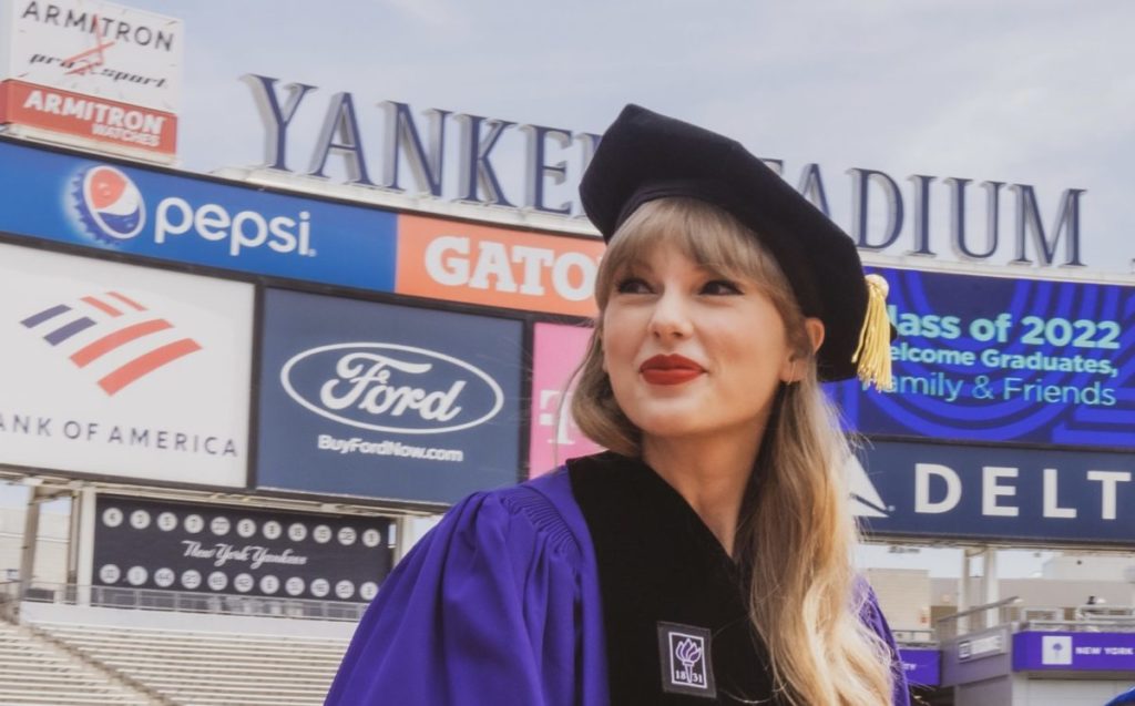 Taylor Swift addressed NYU’s Class of 2022 at Yankee Stadium with song lyrics, humorous quips and sage life hacks. (Credit: @nyuniversity)