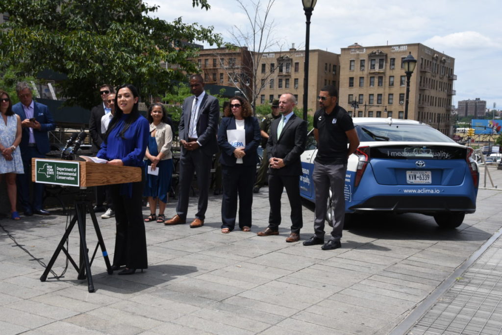 Davida Herzl, founder of Aclima, spoke in the Bronx after New York Gov. Kathy Hochul announced the state would use its air quality technology. (Image: NYS Department of Environmental Conservation)
