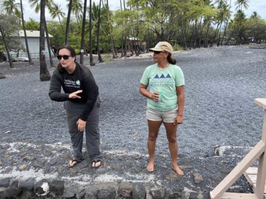 Rebecca Most, left, and Lehua Kamaka bring two very different backgrounds to the Kiholo Royal Fishponds, where they have worked together to improve biodiversity of the pond. (Credit: Lucy Sheriff)