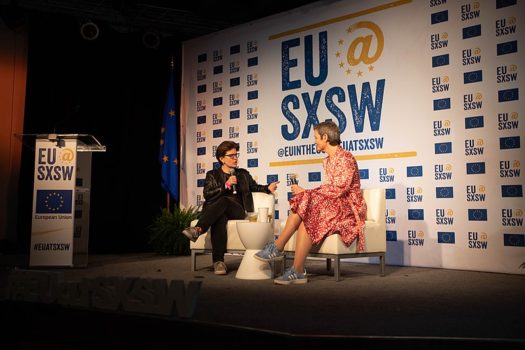 Kara Swisher and European Commissioner Margrethe Vestager at SXSW in 2019. (Image: Wikimedia Commons)